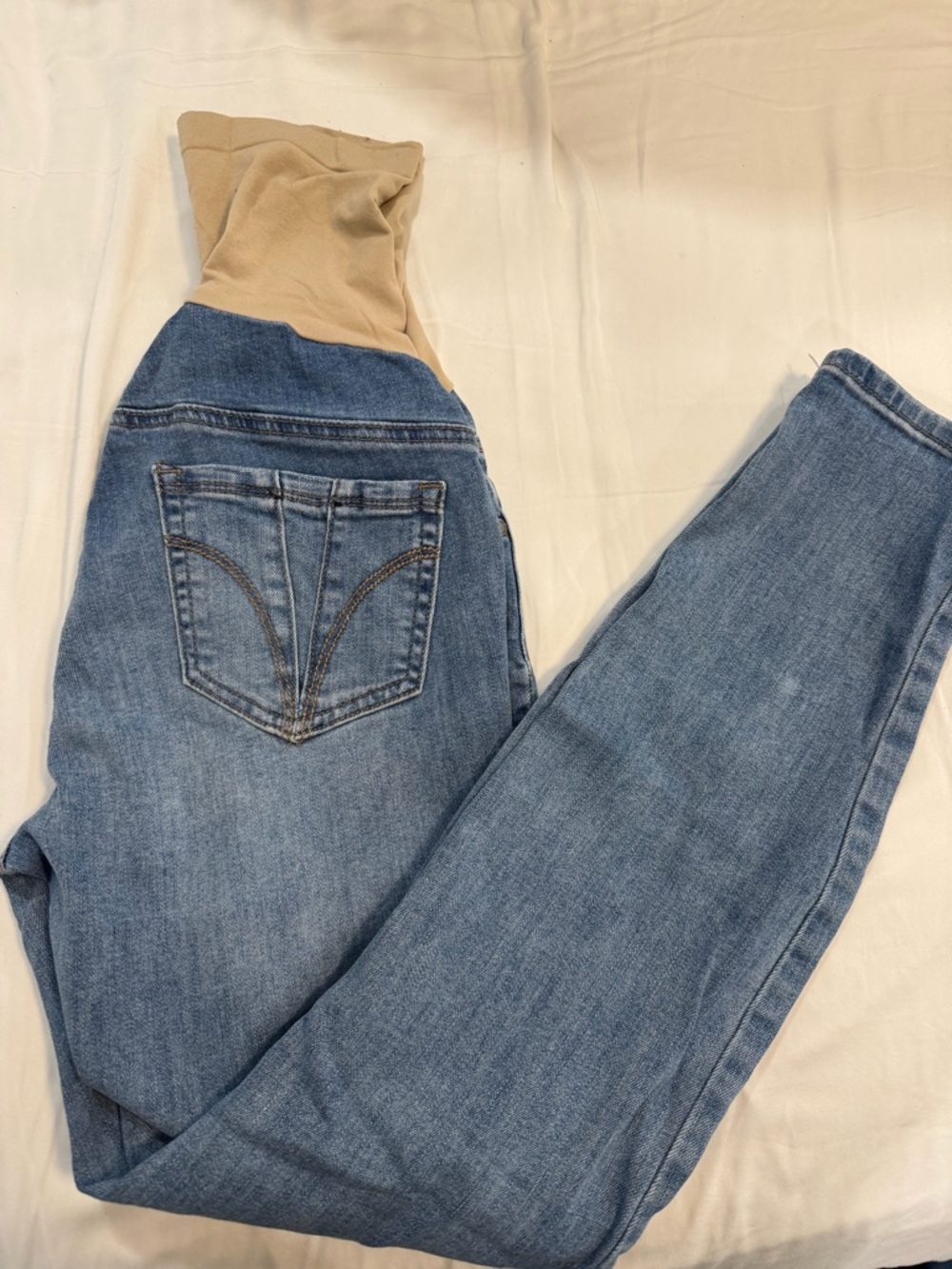 Indigo Blue Light Blue Maternity Jeans with Beige Stretch Waistband